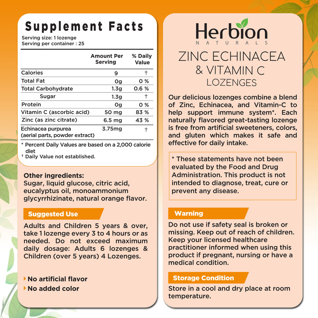 Herbion Naturals | Zinc, Echinacea & Vitamin C Lozenges with Natural Orange Flavor - 25 CT